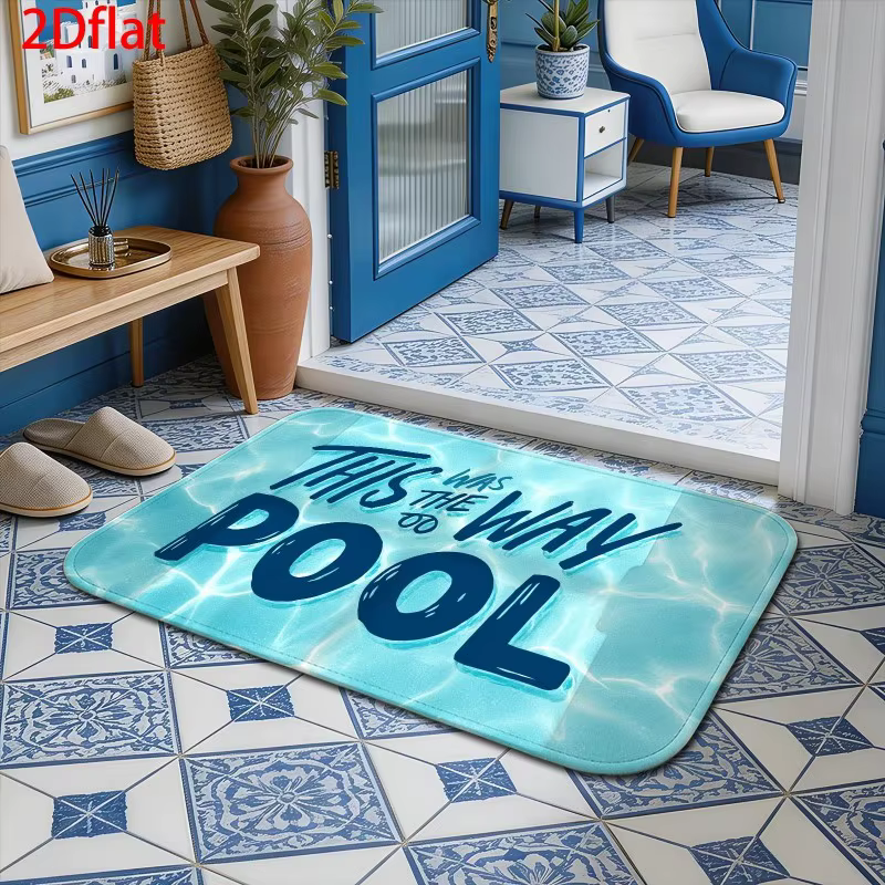 Tapis d'entrée antidérapant avec motif aquatique et lettrage « This Way To Pool » pour intérieur et extérieur