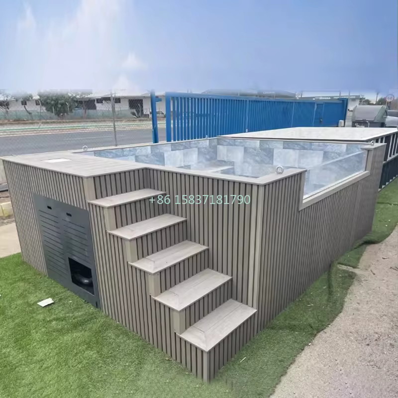 Piscine familiale hors-sol en fibre de verre transparente avec fenêtre en verre, aire de jeux aquatique en bois, pour extérieur, prix