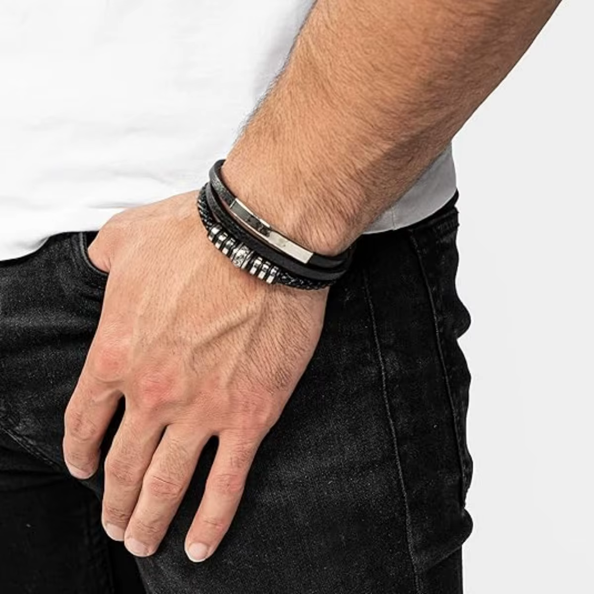 Bracelets en cuir tendance pour hommes, en acier inoxydable, corde tressée multicouche de 21CM, bijoux cadeaux