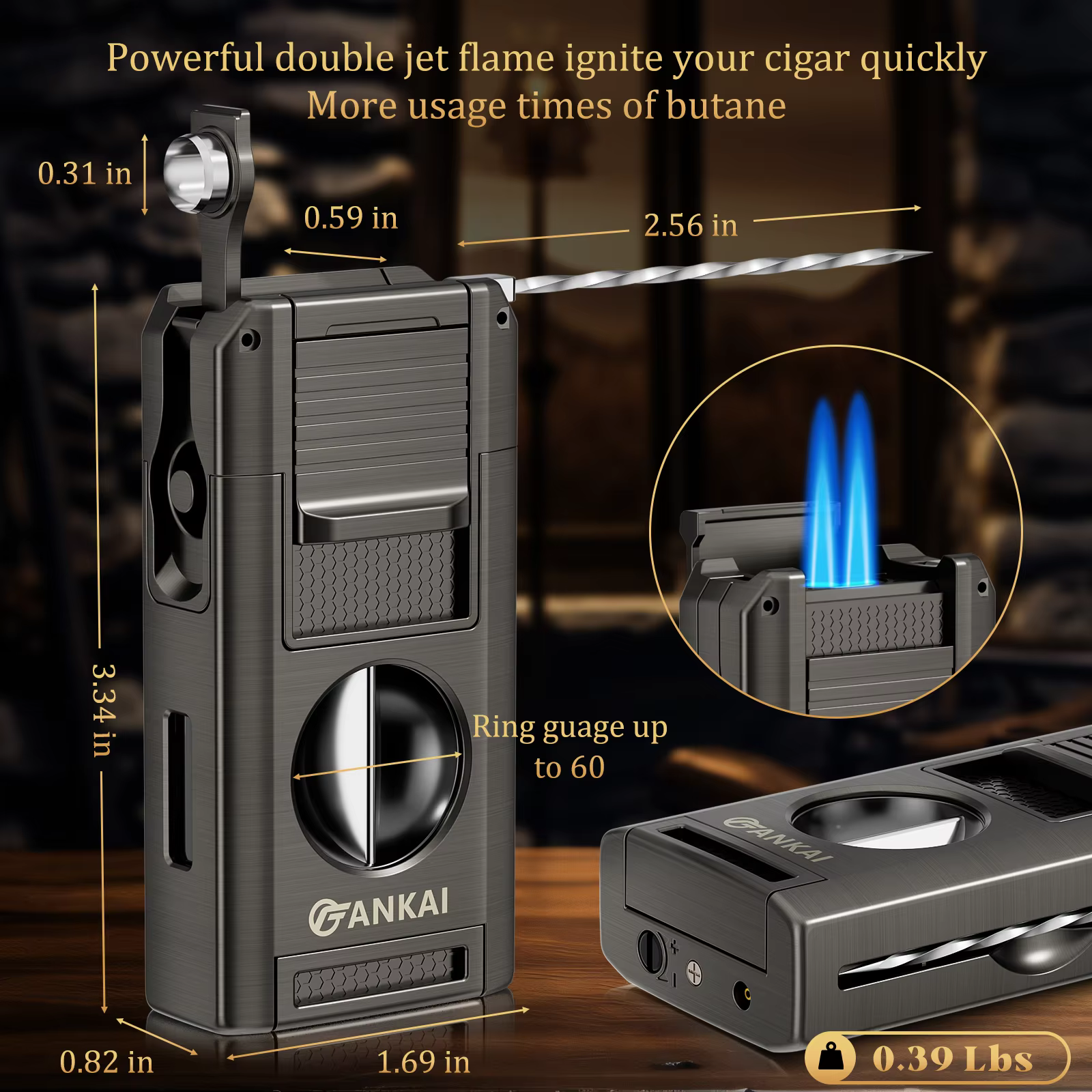 Allume-cigare, torche à cigare 5 en 1 avec coupe-cigare en V, poinçon, support, pique à cigare, briquet au butane à double flamme, cadeau