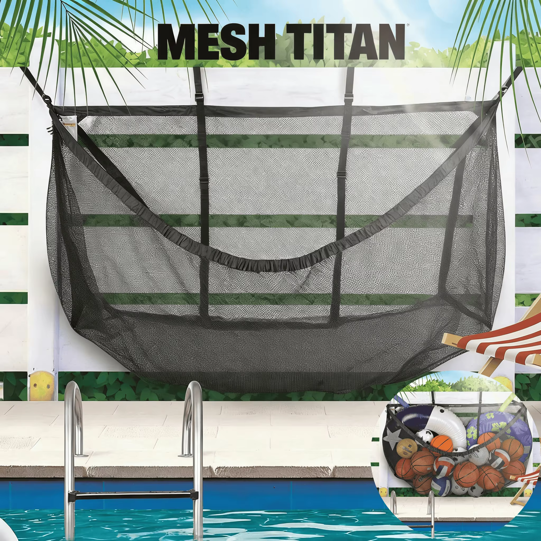 Grand sac de rangement suspendu en filet pour piscine - Organisateur