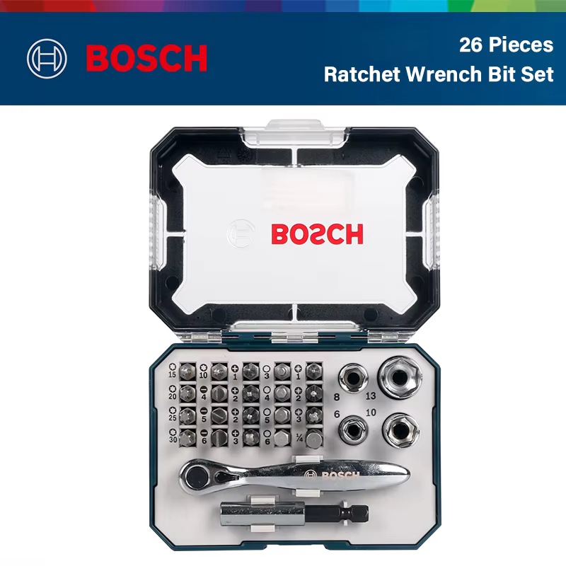 ‌ Bosch Jeu d'embouts de tournevis 26 pièces avec tournevis électrique et mini clé à cliquet