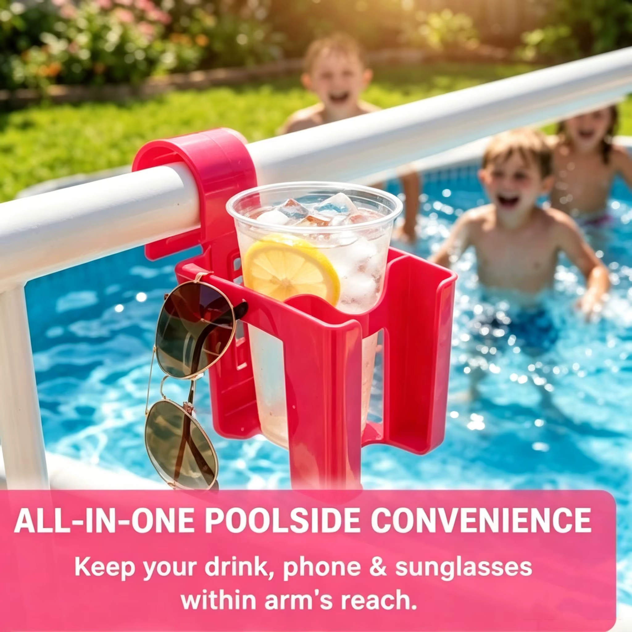 Support de boissons pour piscine avec crochets pour téléphone et lunettes de soleil