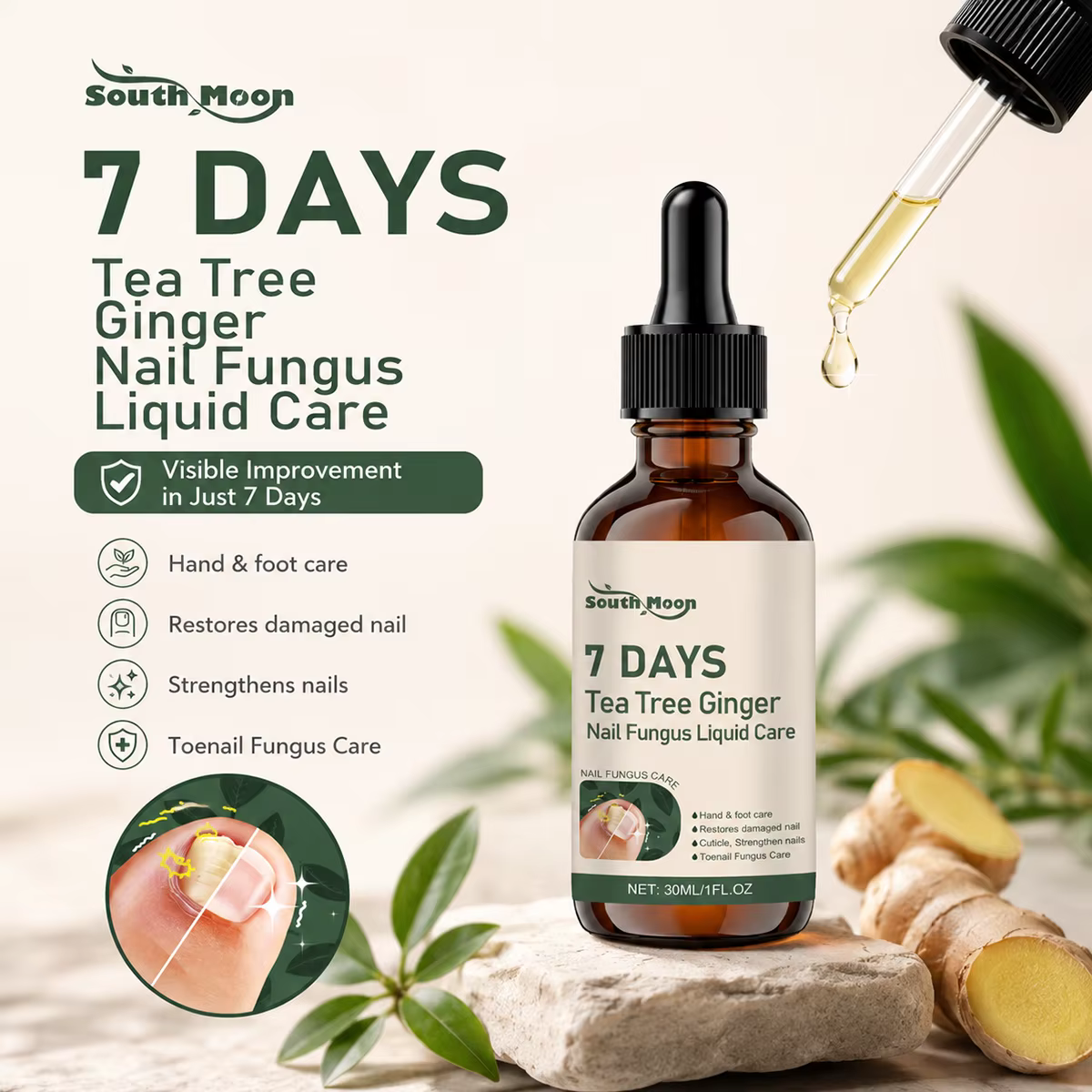 Solution de soin des ongles au gingembre et à l'arbre à thé 30/60 ml – Réparation et entretien de la santé des ongles, correction des décolorations et épaississement des ongles des mains et des pieds