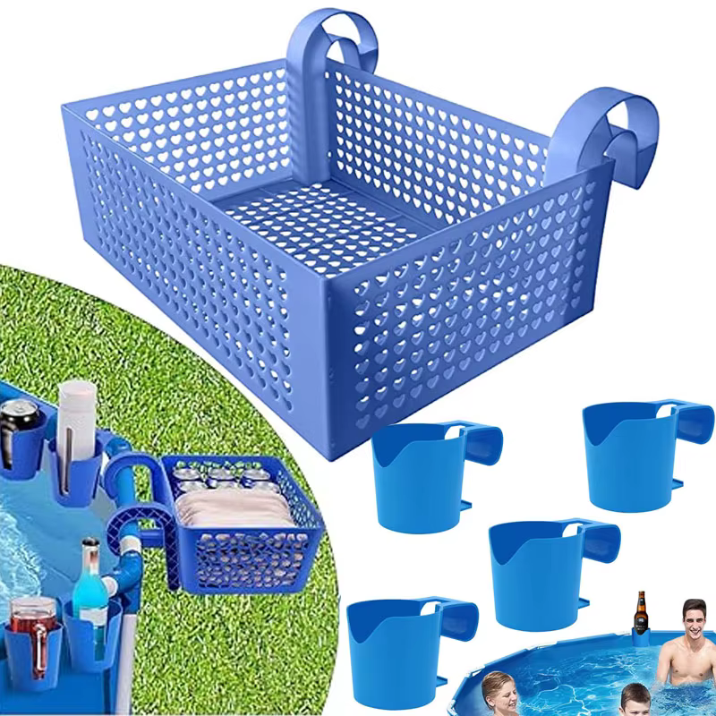 Panier de rangement au bord de la piscine avec porte-gobelets pour boissons