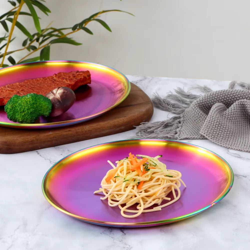 Assiettes à dîner en acier inoxydable, assiette à Dessert de Style européen, plats de service de cuisine, assiette à salade, plateau à gâteaux, plateau rond pour Steak occidental
