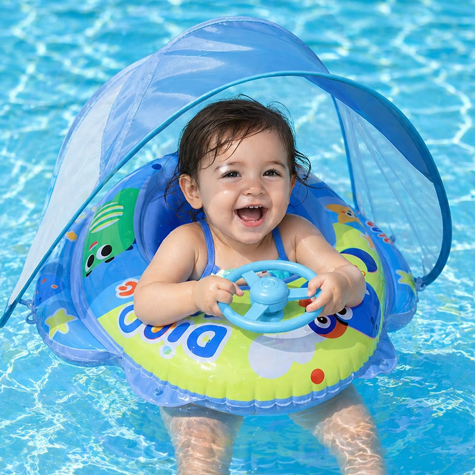 Piscine gonflable pour bébé en PVC amélioré avec auvent et siège anti-basculement avec volant