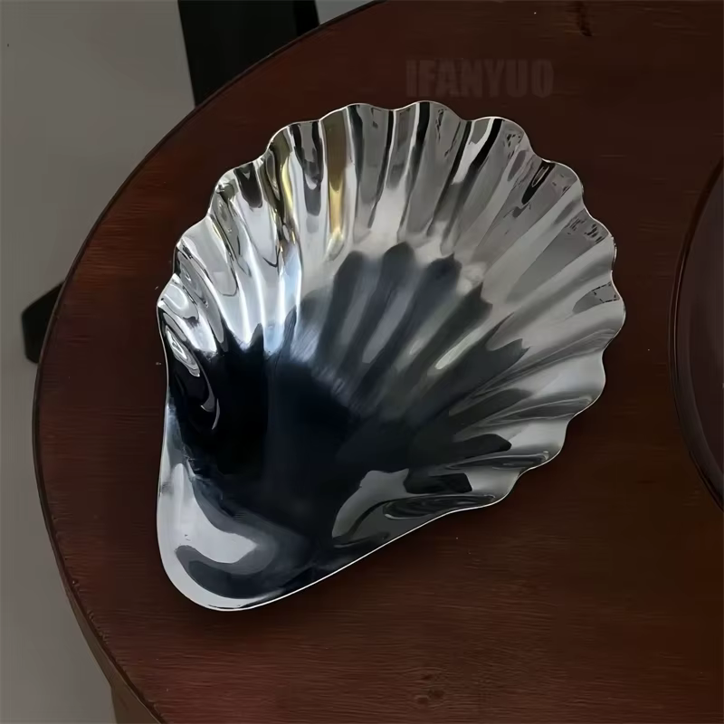 Assiette à vaisselle en acier inoxydable en forme de coquille pour Desserts, organisateur de rangement de bijoux, assiette à collation pour décor de Table à manger, assiette métallique