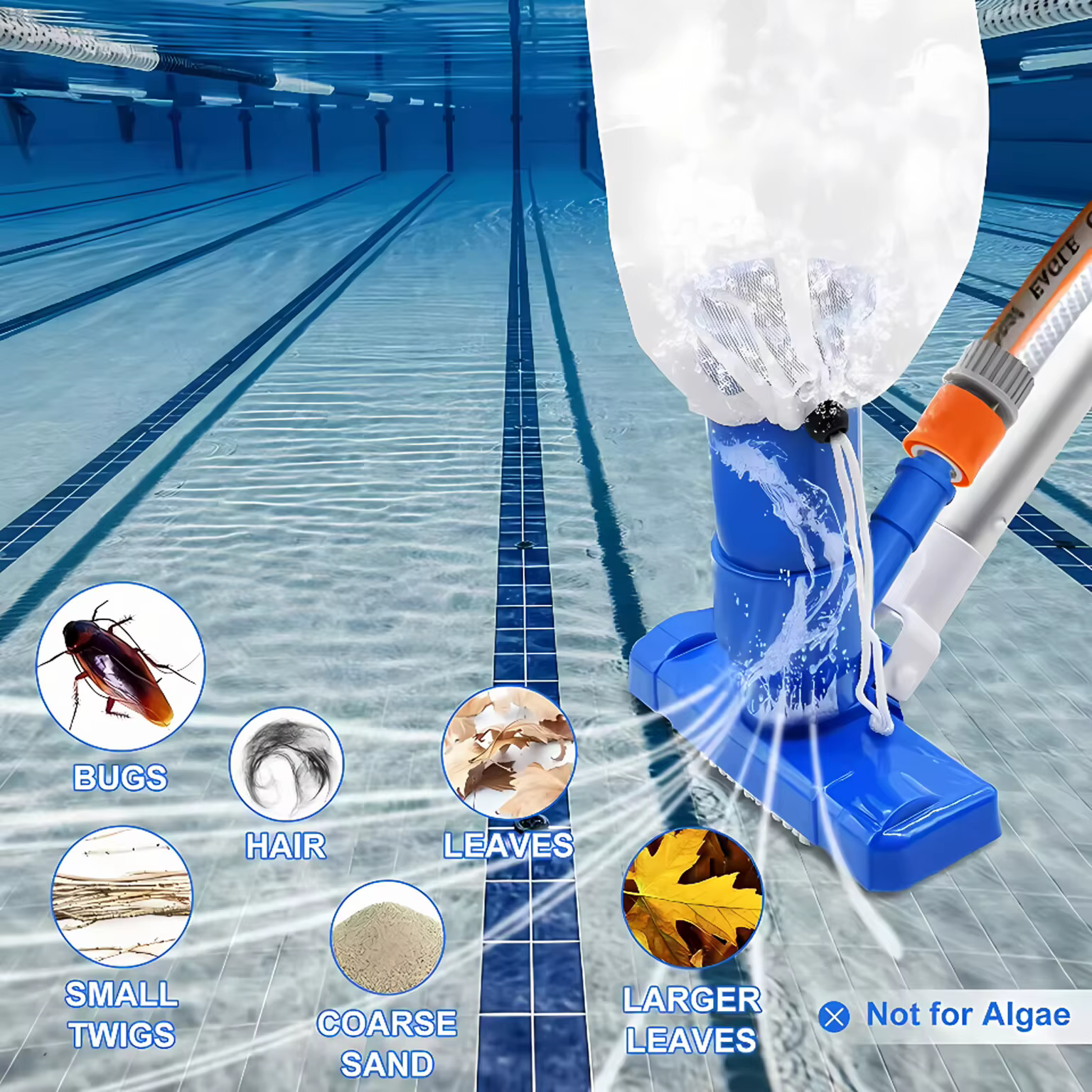 Kit de nettoyage de piscine avec perche télescopique à 4 sections et aspirateur à jet subaquatique