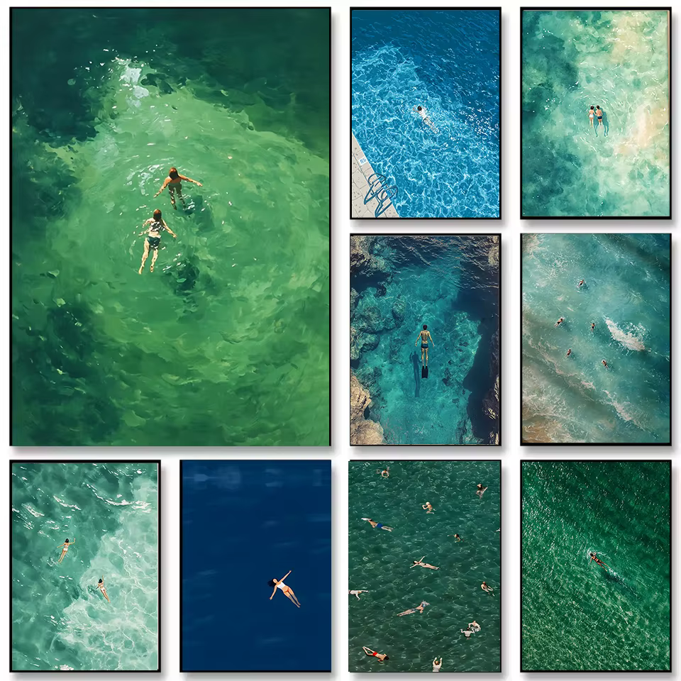 Peinture sur toile sur le thème de la plage et de l'été : Affiche décorative bleu-vert frais pour salon et chambre à coucher - Sans cadre