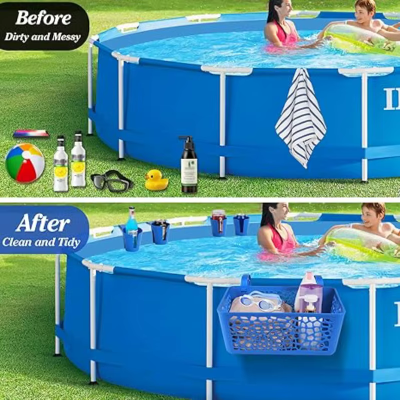 Panier de rangement au bord de la piscine avec porte-gobelets pour boissons
