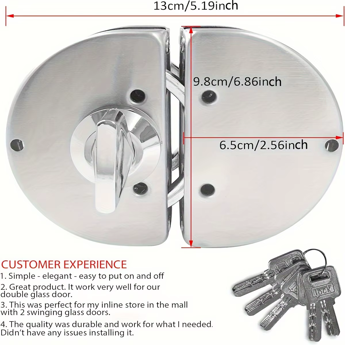 Convient pour verre 1/2 ", 10mm à 12mm, serrure de porte en verre de bureau de contrôle d'accès coulissant rotatif à Double boulon en acier inoxydable