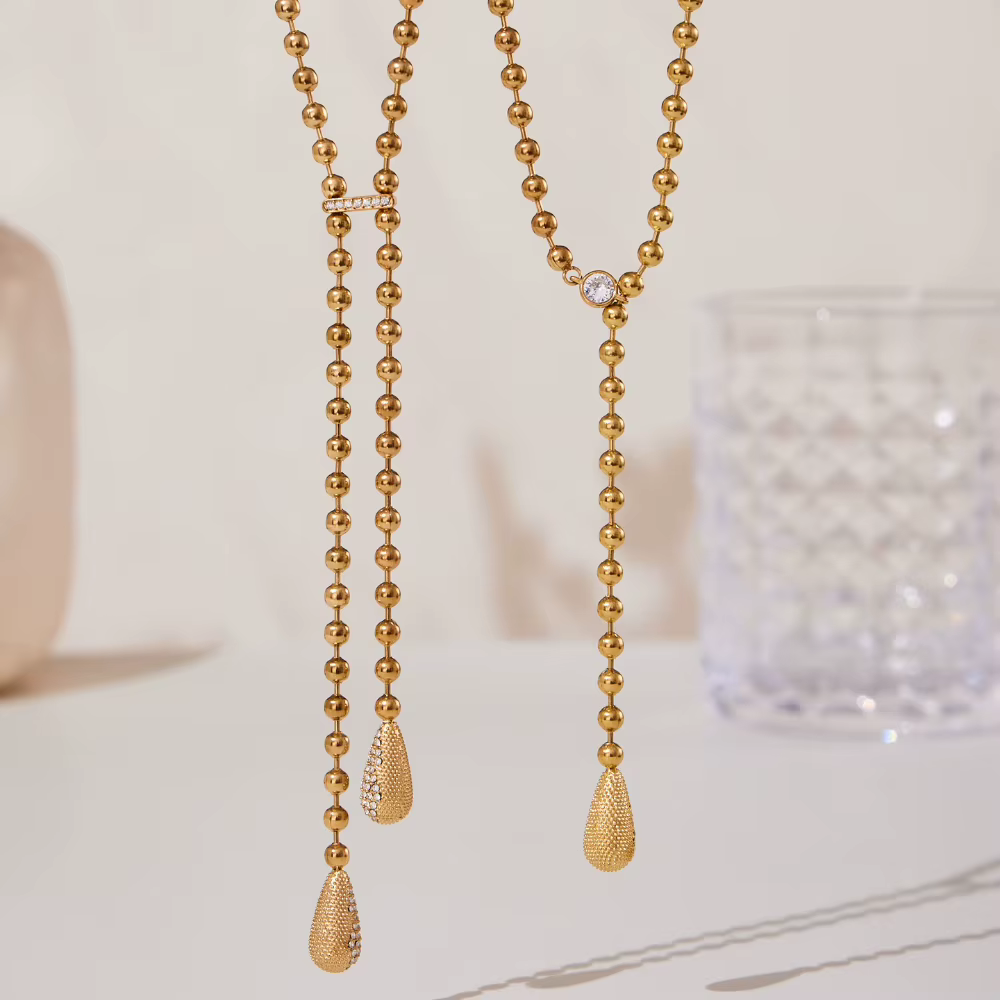 Collier en Y en acier inoxydable pour femmes, plaqué or 18 carats, chaîne de perles incrustée de gouttelettes de Zircon, pendentif, boucles d'oreilles assorties