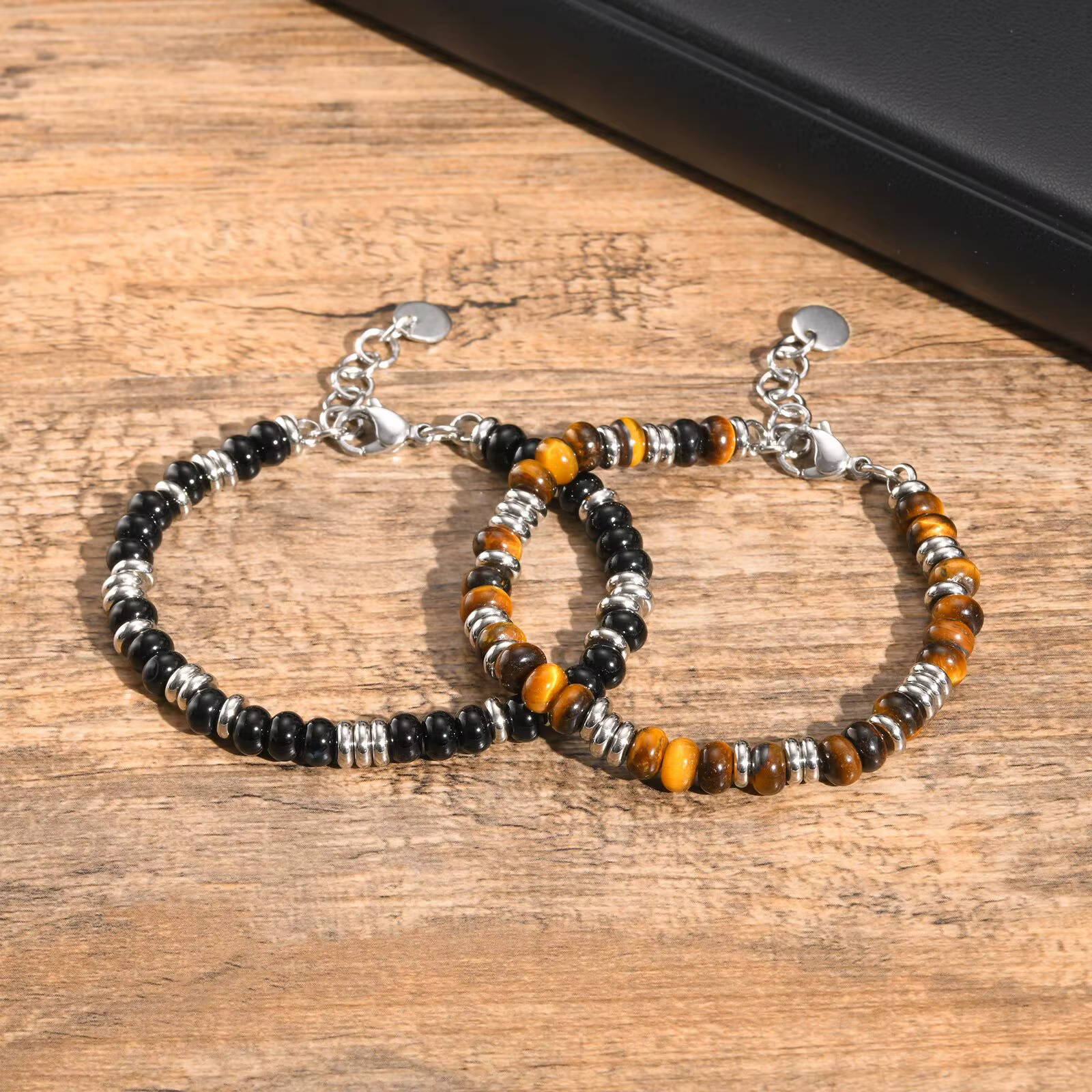 Bracelets de perles en métal pour hommes et garçons, Bracelets de perles en acier inoxydable avec perles naturelles, cadeaux de bijoux décontractés