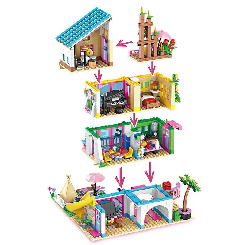 Ensemble de blocs de construction en forme de cœur pour villa avec piscine