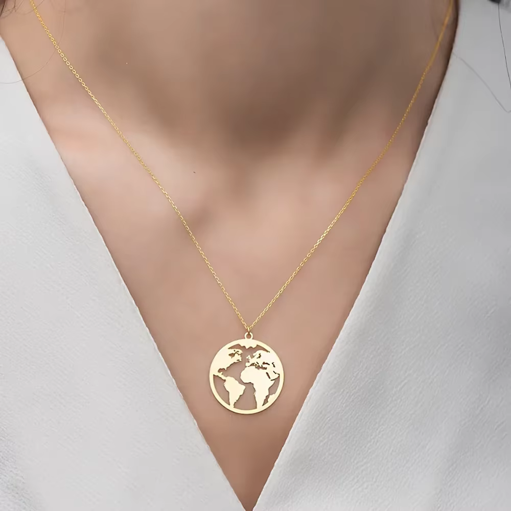 Collier en acier inoxydable avec pendentif carte du monde, breloque Globe, bijoux Boho pour femmes, tour de terre Wanderlust, cadeaux de voyage