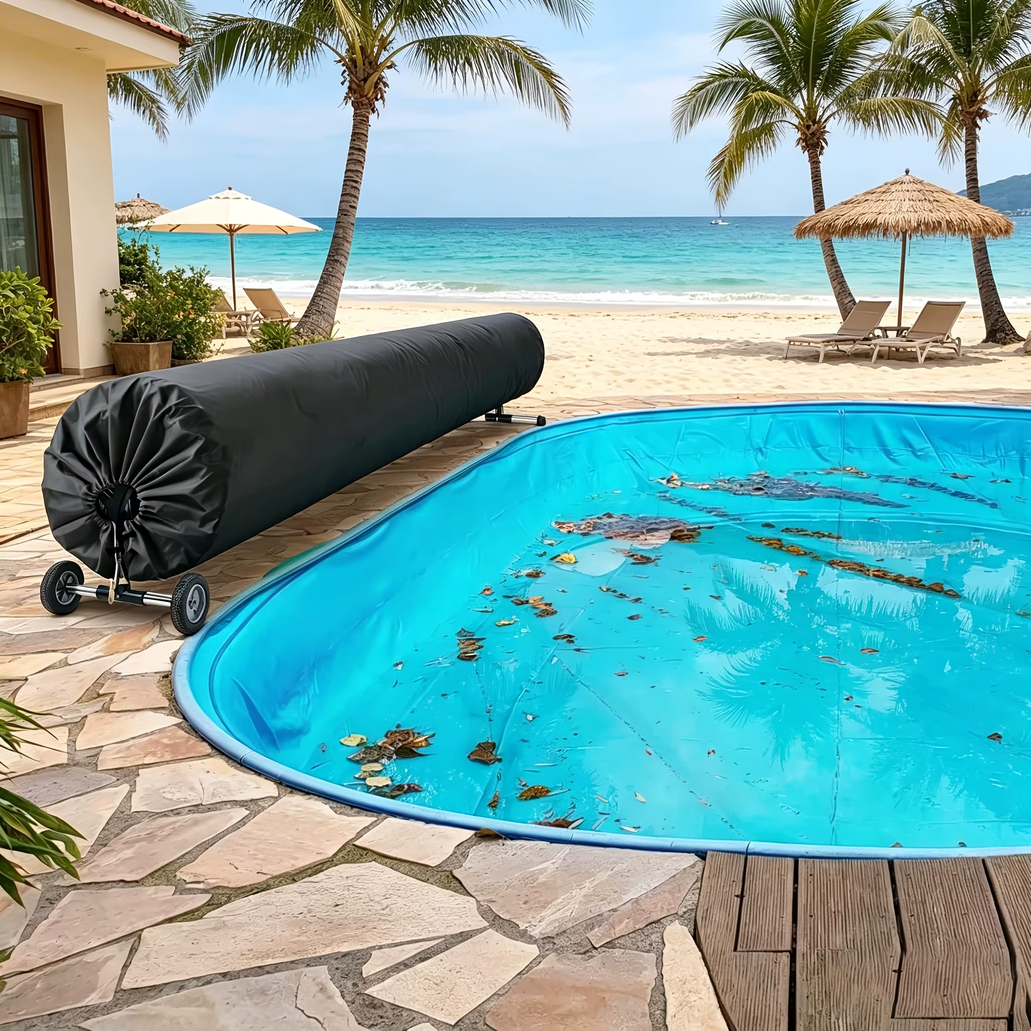 Housse de protection pour enrouleur solaire de piscine avec cordon de serrage et sangles pour piscines hors sol et