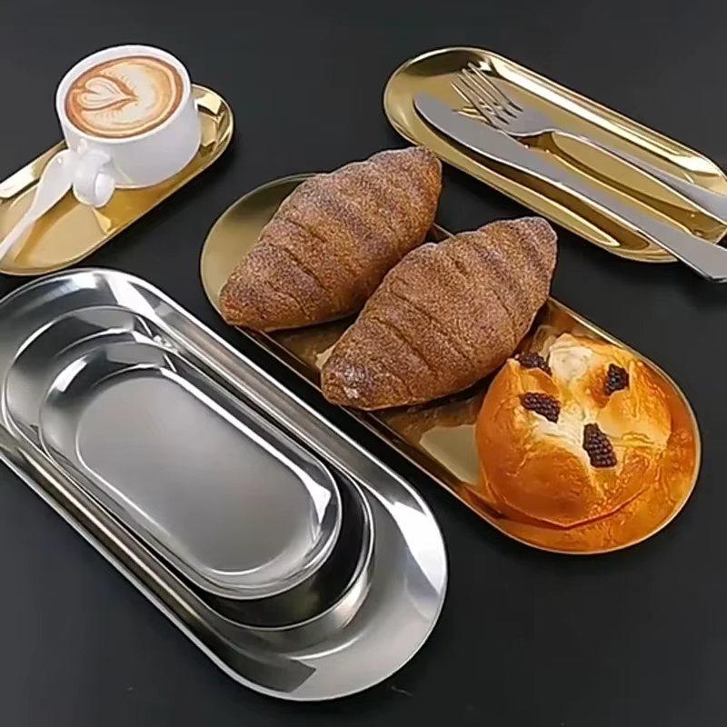 Assiette à manger en acier inoxydable doré, assiette à Dessert, plateau à gâteaux aux fruits et aux noix, assiette de cuisine pour collation, assiette de cuisine pour Steak occidental