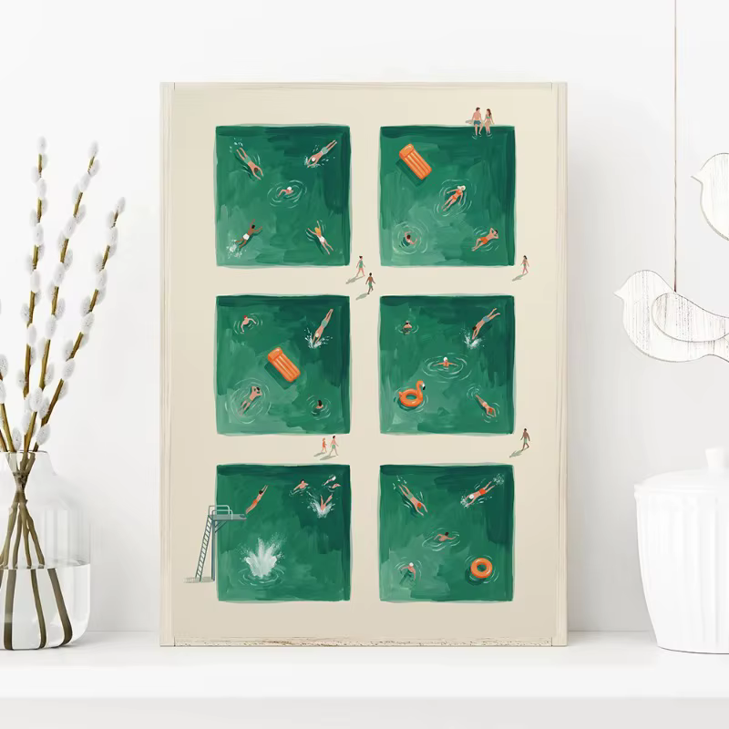 Impression sur toile amusante pour piscine d'été, décoration murale côtière turquoise, vue aérienne rétro, nageurs, art aquatique bleu, scène au bord de la piscine