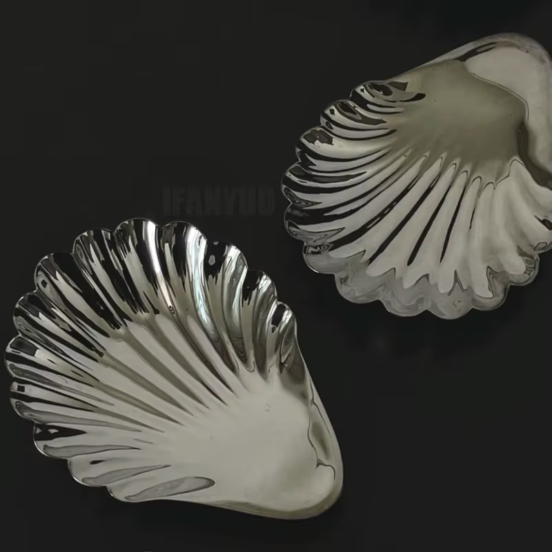 Assiette à vaisselle en acier inoxydable en forme de coquille pour Desserts, organisateur de rangement de bijoux, assiette à collation pour décor de Table à manger, assiette métallique
