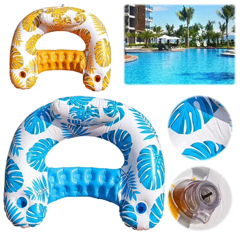 Transat gonflable en forme de feuilles tropicales avec appui-tête et porte-gobelets