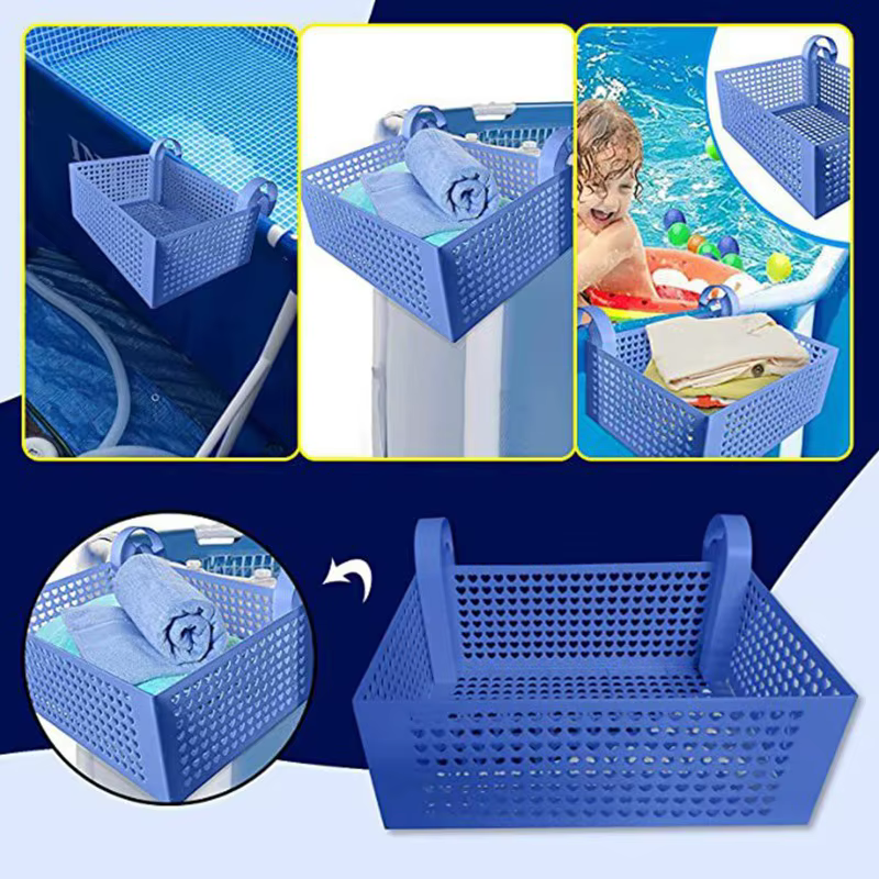 Panier de rangement au bord de la piscine avec porte-gobelets pour boissons