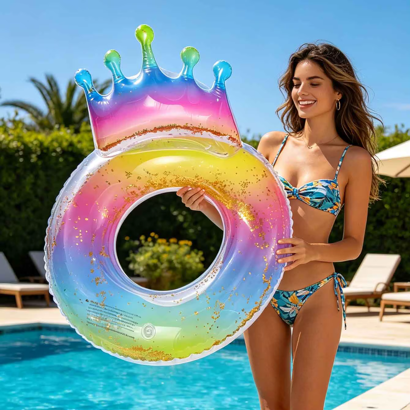 1PC Bouée de piscine gonflable de luxe en forme de couronne arc-en-ciel