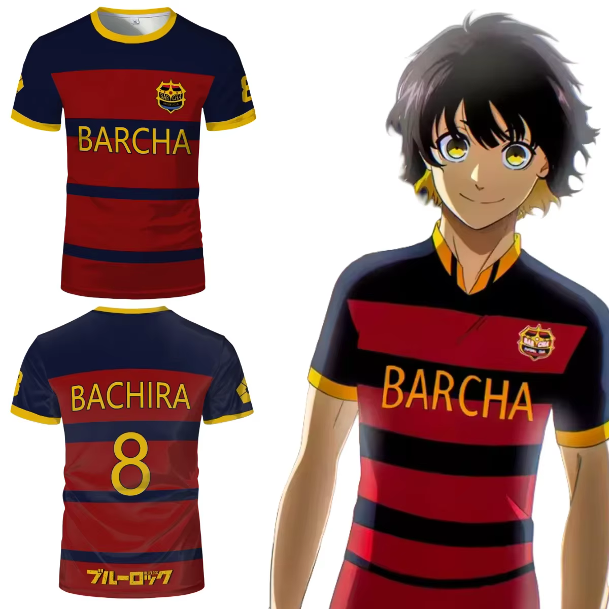 Maillot de football de l'équipe FC Barcha, costume de cosplay Anime Bachira # Uniforme de football 8 Meguru Bachira Impression 3D