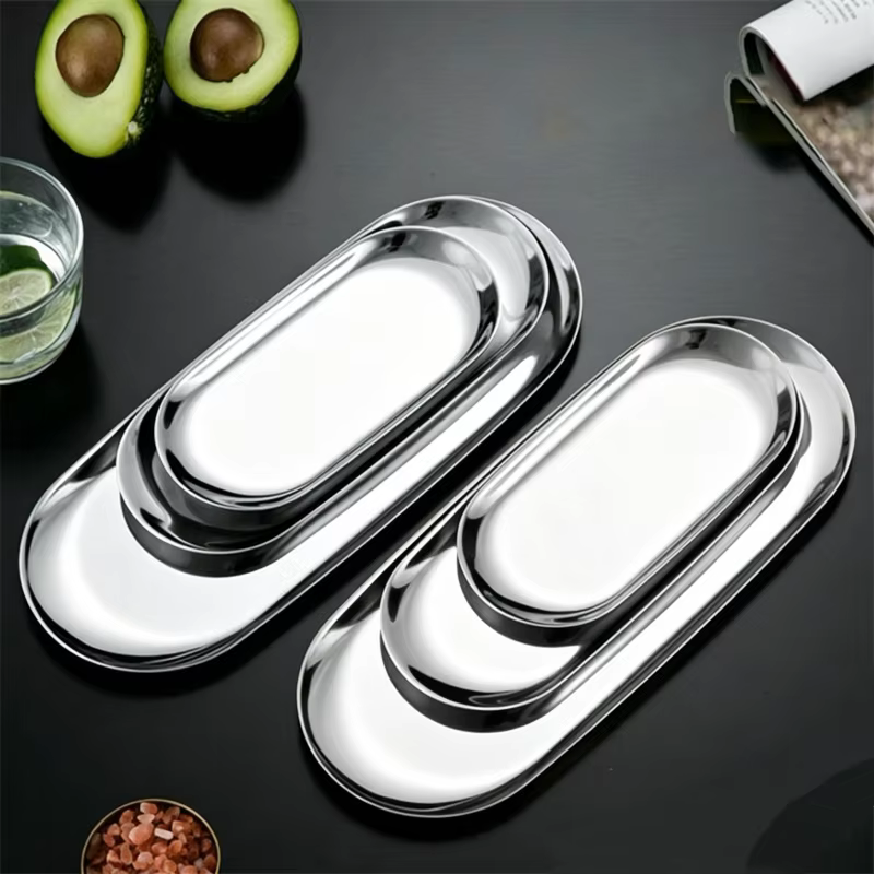 Plateau en acier inoxydable, porte-serviettes, plateau ovale, rangement pour bijoux de salle à manger, petit plateau plat plaqué or, plateau de rangement vintage