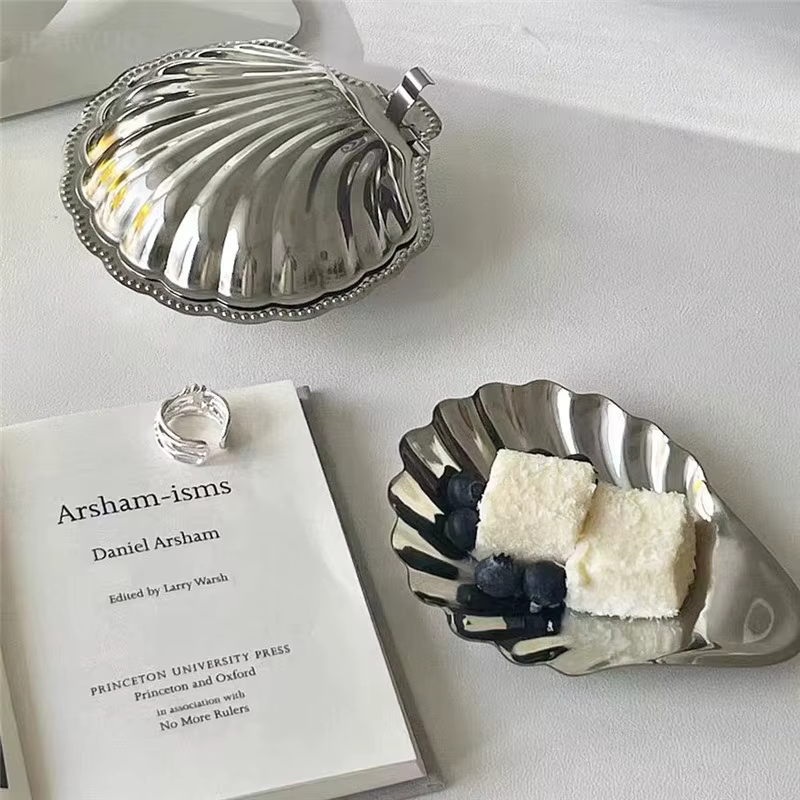 Assiette en acier inoxydable 304, plat en forme de coquille, plat en métal pour fromage, Dessert, rangement de bijoux, plateau en métal, boîte à savon, décoration de Table