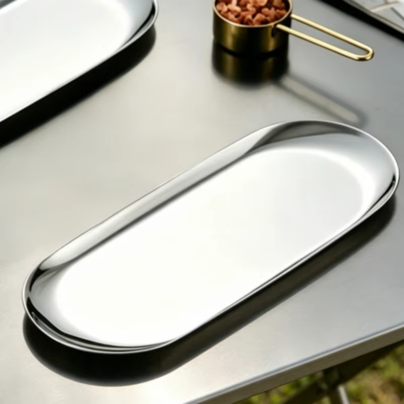 Plateau en acier inoxydable, porte-serviettes, plateau ovale, rangement pour bijoux de salle à manger, petit plateau plat plaqué or, plateau de rangement vintage