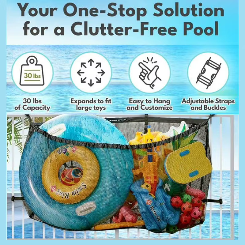 Grand sac de rangement suspendu en filet pour piscine - Organisateur