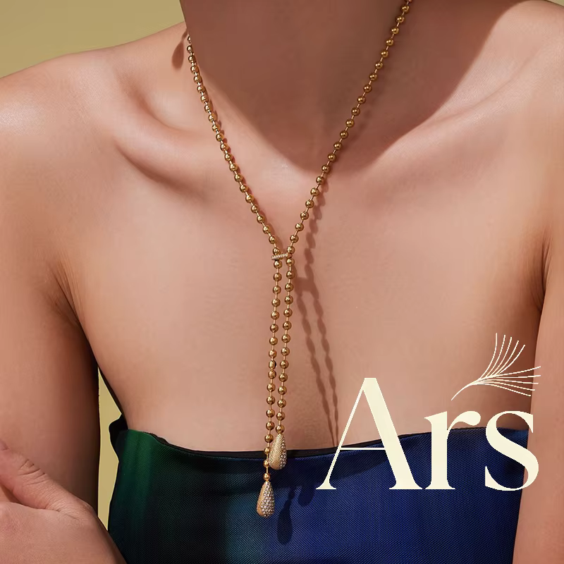 Collier en Y en acier inoxydable pour femmes, plaqué or 18 carats, chaîne de perles incrustée de gouttelettes de Zircon, pendentif, boucles d'oreilles assorties