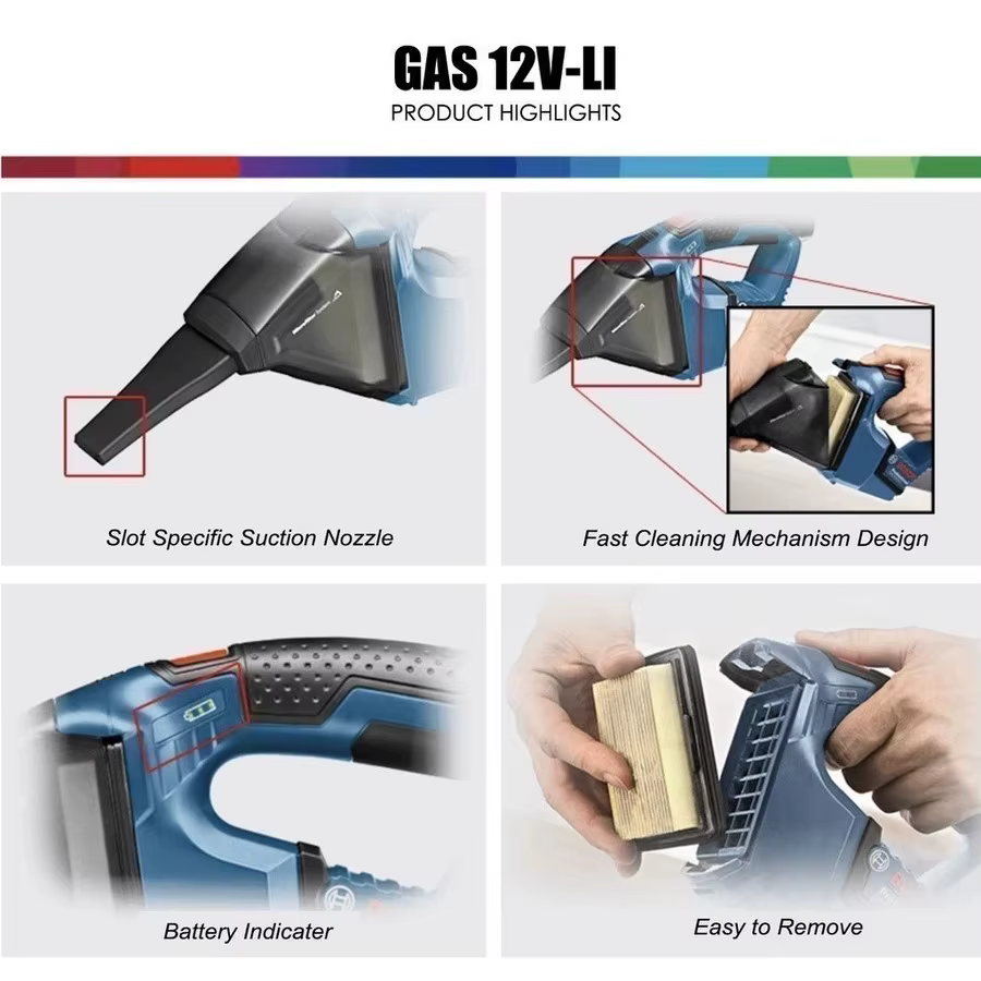 Bosch GAS 12V-LI Aspirateur à main sans fil 12V professionnel avec batterie lithium-ion rechargeable, outil léger pour éliminer la poussière