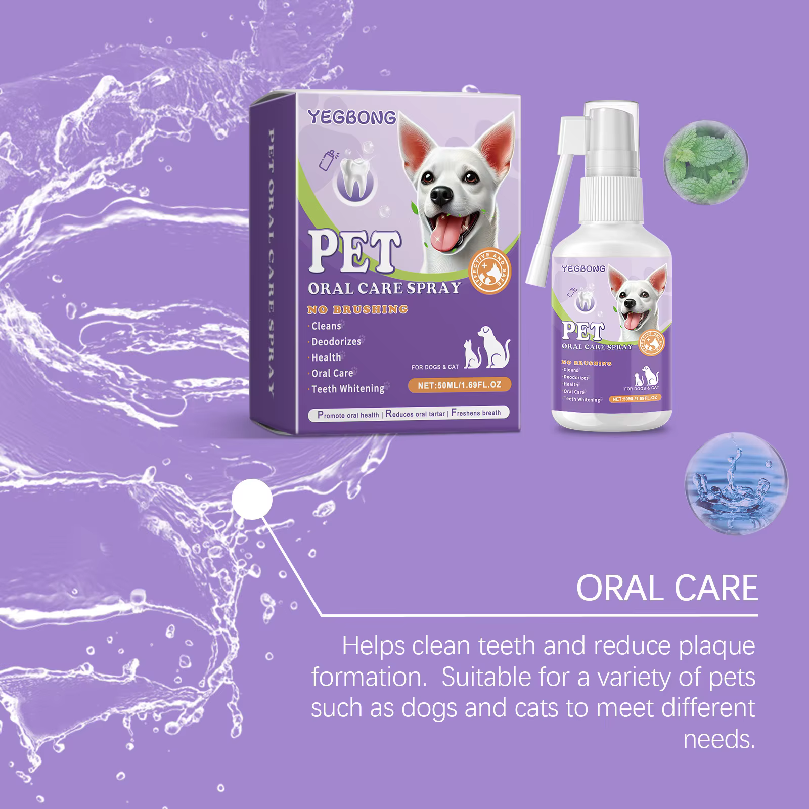 Spray rafraîchissant pour l'haleine des chiens et des chats - Élimination efficace du tartre et de la plaque dentaire, stoppe la mauvaise haleine, traitement doux d'hygiène buccale pour animaux de com