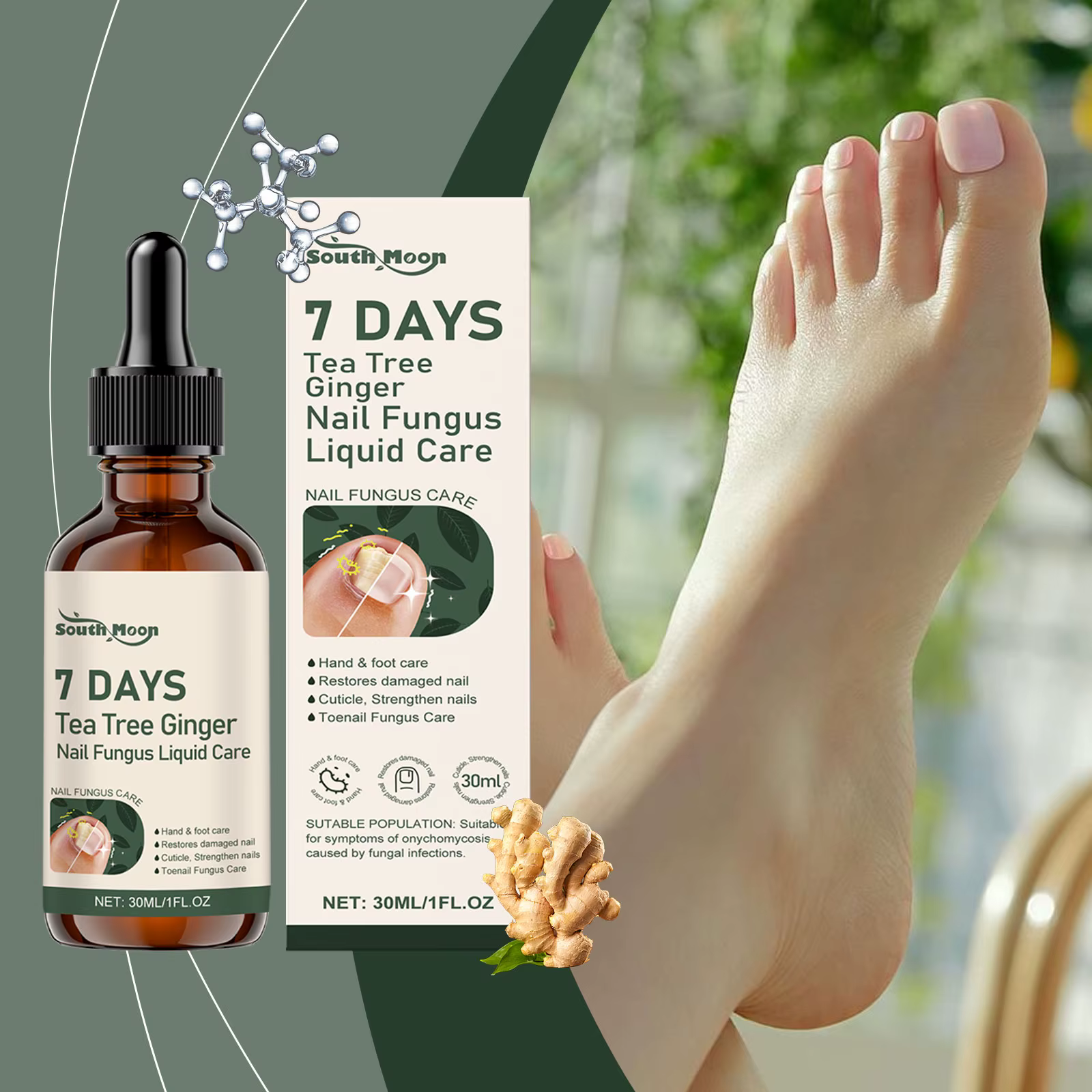 Solution de soin des ongles au gingembre et à l'arbre à thé 30/60 ml – Réparation et entretien de la santé des ongles, correction des décolorations et épaississement des ongles des mains et des pieds