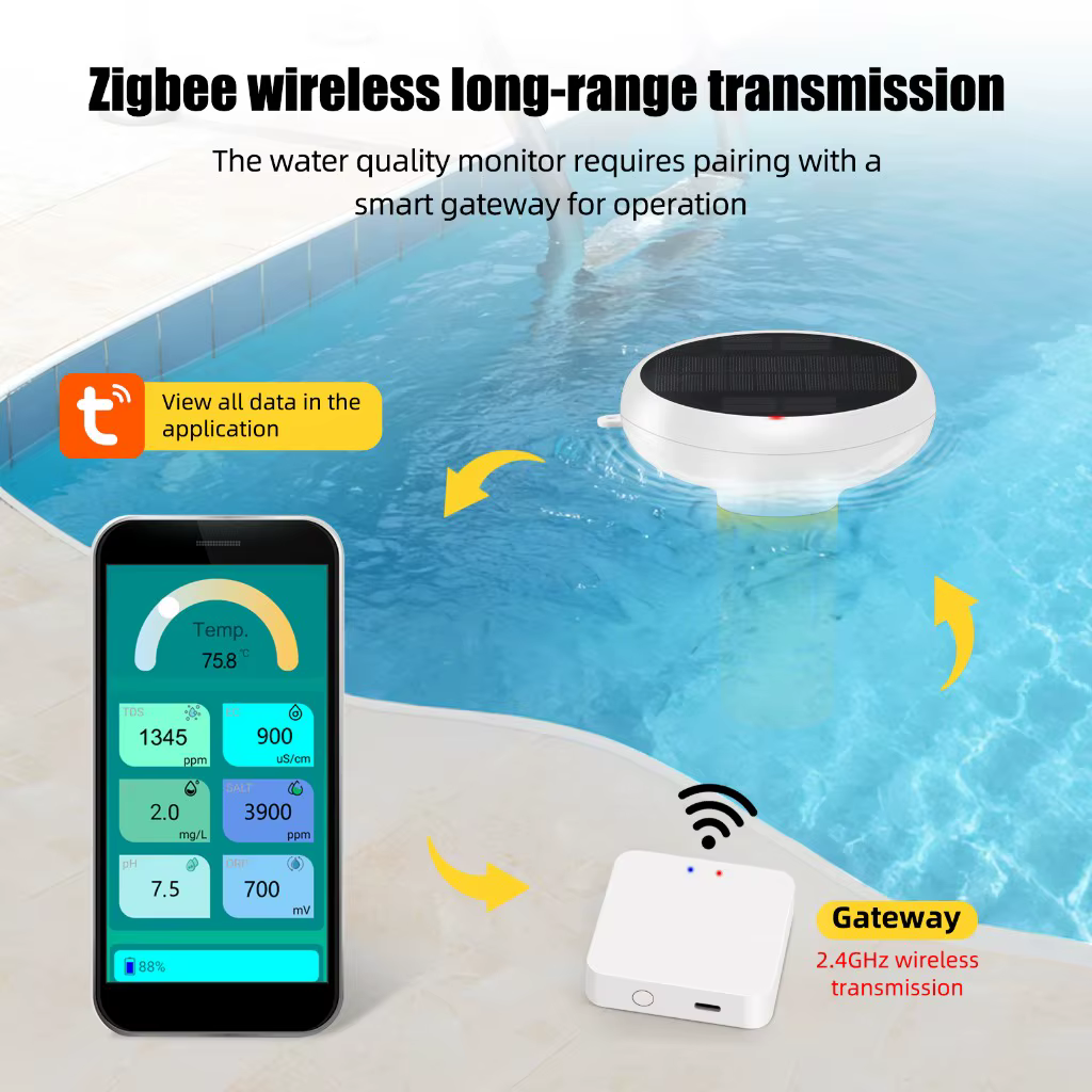 Testeur de qualité de l'eau solaire Tuya Zigbee 7 en 1 pour piscine : PH