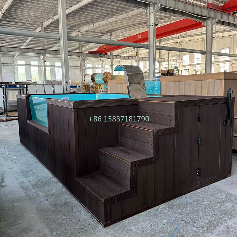 Piscine familiale hors-sol en fibre de verre transparente avec fenêtre en verre, aire de jeux aquatique en bois, pour extérieur, prix