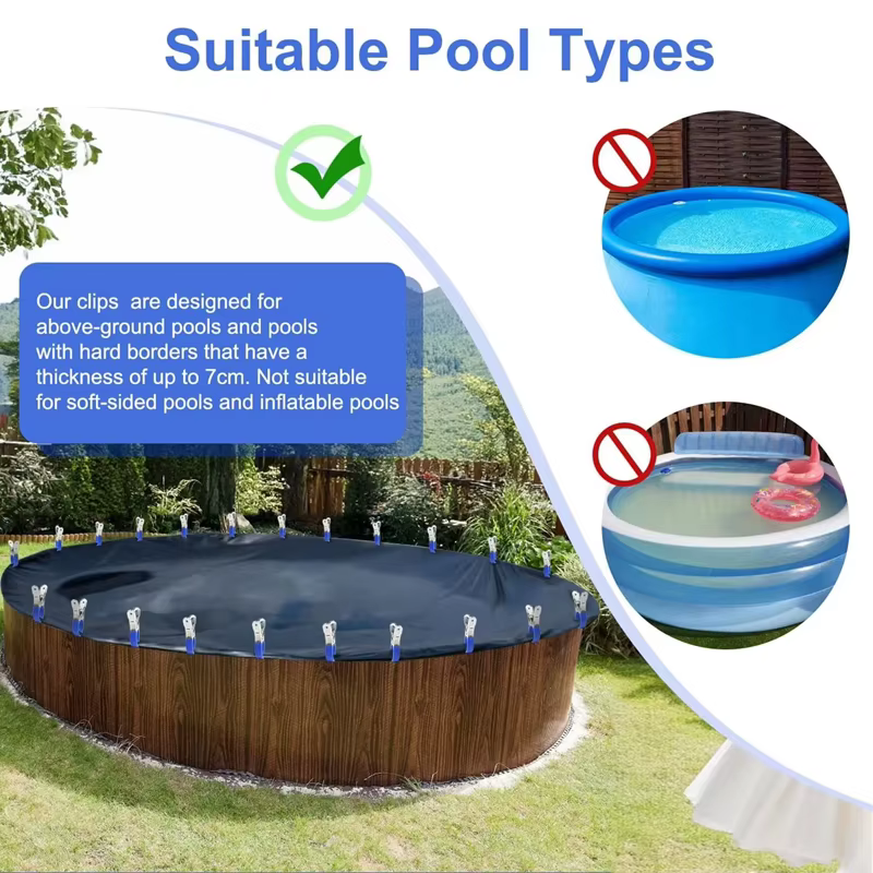6 Pièces de clips de couverture de piscine durables en acier inoxydable avec poignées en plastique bleues
