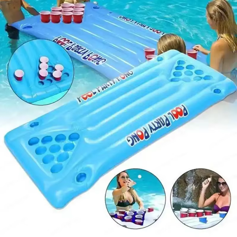 Table flottante gonflable pour beer pong – Tapis flottant pour boissons de piscine avec porte-gobelets et bac à glace pour divertissement aquatique